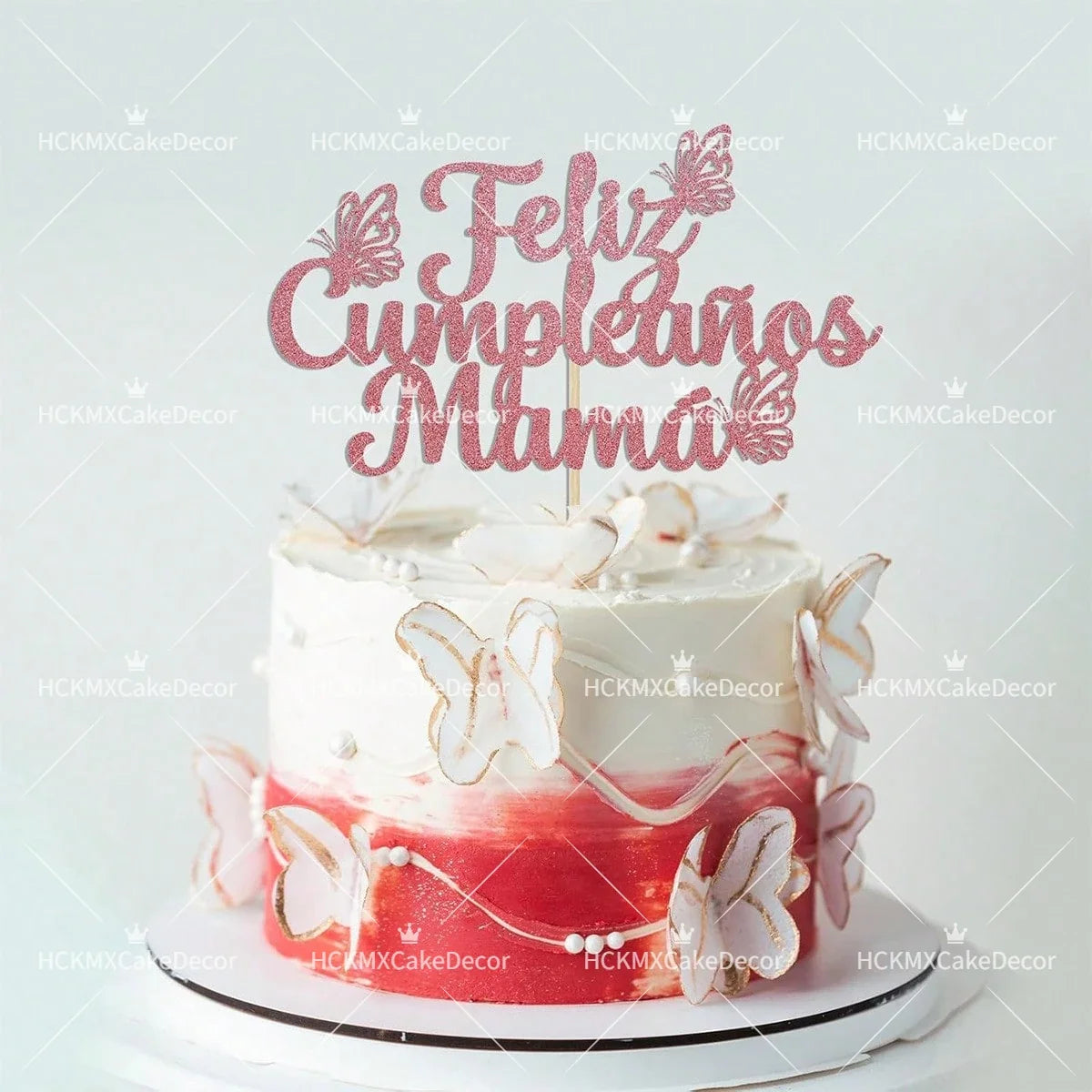 3pcs Feliz Cumpleanos Mama Cake Topper Pink Glitter Spanish Birthday Cake Decoration with Butterflies