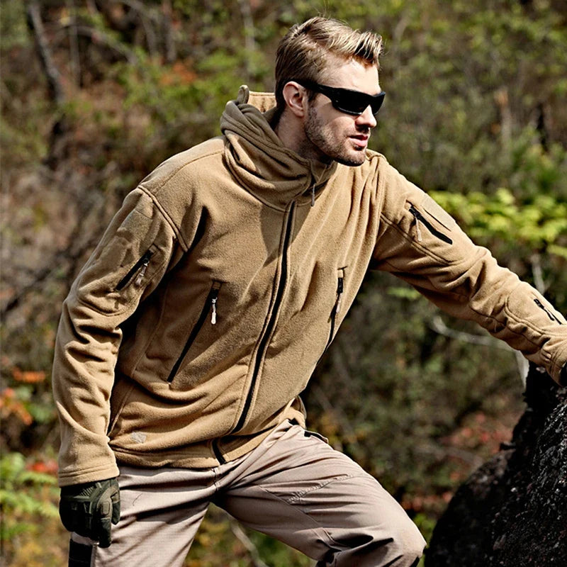 Men's Warm Tactical Fleece Jacket Zip Up Thicken Polar Hoodie Winter Outdoor Sport Hiking Hooded Coat Multi-Pocket