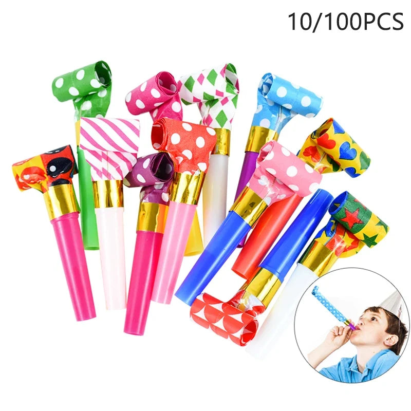 10/100pcs Colorful Blowout Whistle Blow Roll Toy Kids Birthday Party Favors Gifts Cheer Props Pinata Filler Baby Shower