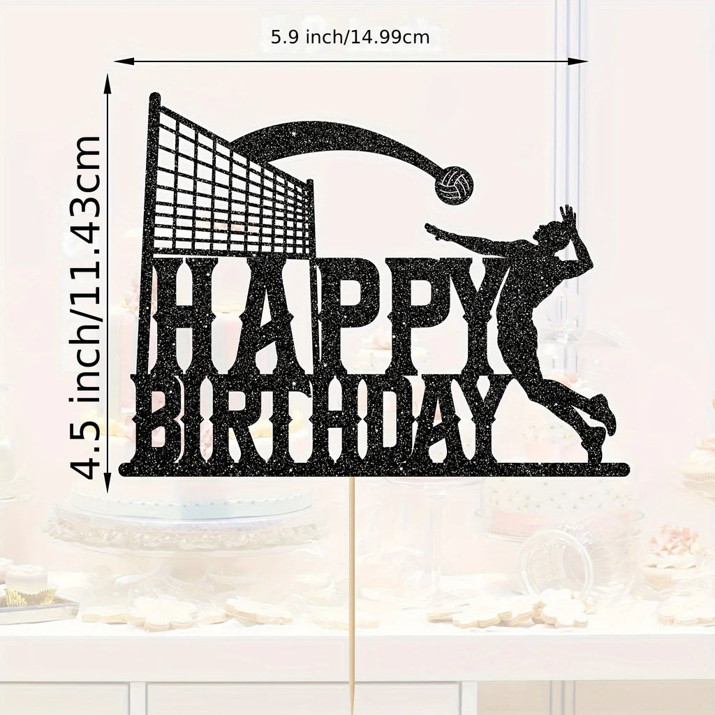 1pc Black Happy Birthday Cake Topper for Volleyball Party Theme, Cake Decoration, Photo Prop, Birthday Scene Setup