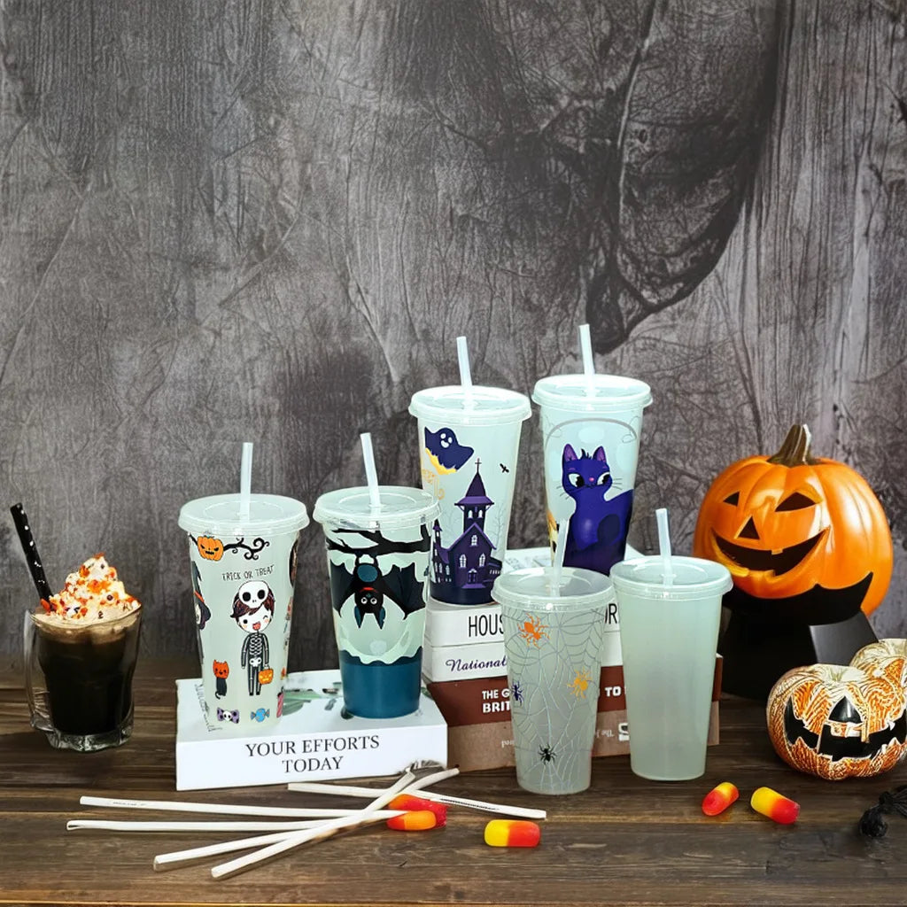 1PC 720ml Halloween Print Plastic Luminous Straw Cup Juice Milk Tea Coffee Cups for Party Supplies Funny Straw Cup Kitchen Drink
