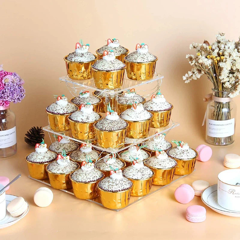 3 Tier Clear Square Cupcake Stand Premium Acrylic Cake Tower Display Holder With LED Light String For Wedding Birthday Party