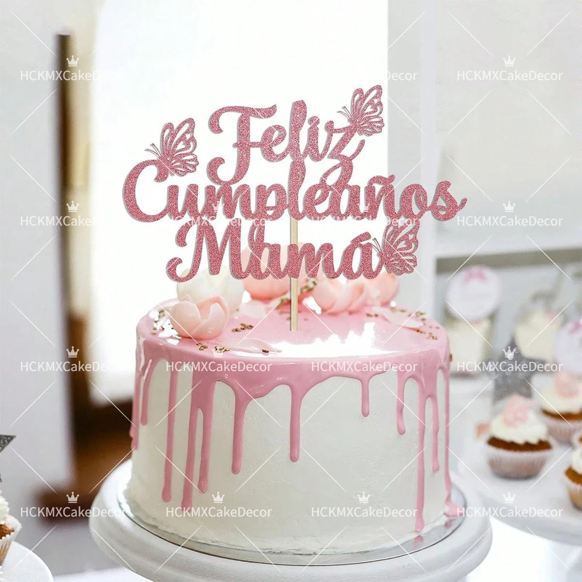 3pcs Feliz Cumpleanos Mama Cake Topper Pink Glitter Spanish Birthday Cake Decoration with Butterflies