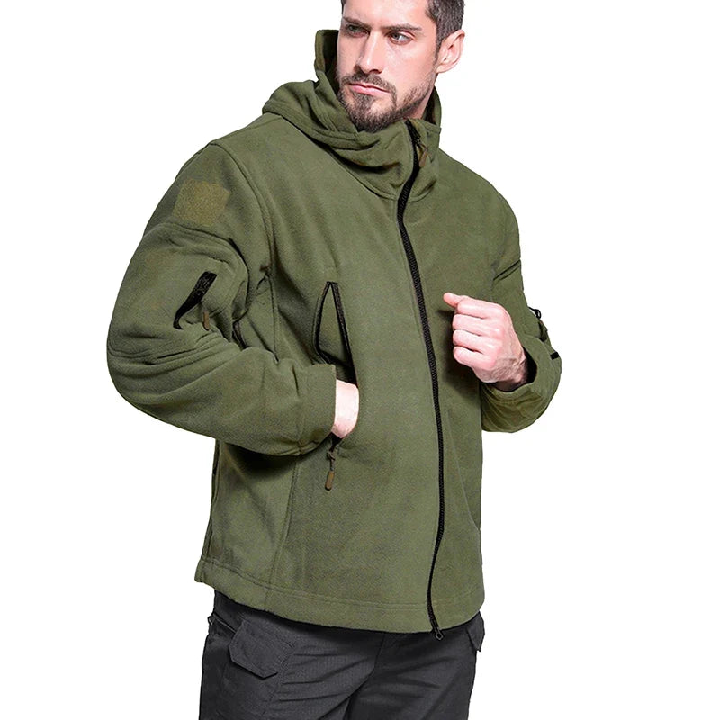 Men's Warm Tactical Fleece Jacket Zip Up Thicken Polar Hoodie Winter Outdoor Sport Hiking Hooded Coat Multi-Pocket