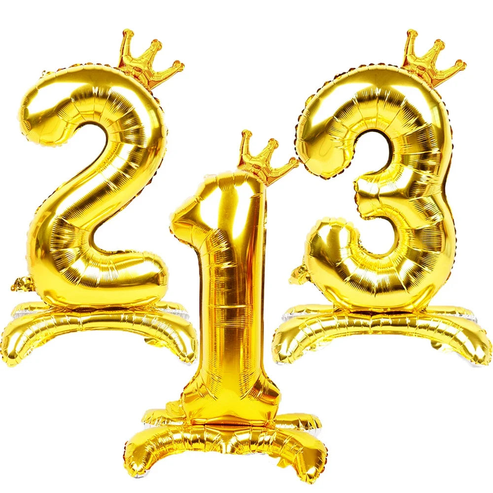 32 Inch Gold Number Stand Foil Balloons with Crown Digital Figures Globos 0-9 Birthday Party Wedding Decoration Kids Baby Shower