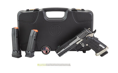 Sig Sauer P211 GTO Equinox |  Semi-automatic |  Single Action Only |  Metal Frame Pistol |  Full Size |  9MM |  4.4" Bull Barrel |  MACH3D Compensator |  Nitron Finish |  Black and Polished Silver |  Fiber Optic Front and Black Fixed Rear Sights |  Flared