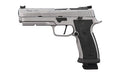 Sig Sauer P320 XFIVE SXG |  Semi-automatic |  Striker Fired |  Steel Frame Pistol |  Full Size |  9MM |  5" Barrel |  Cerakote Finish |  Silver |  SXG Grip Module |  G10 Grips |  Fiber Optic Front and Adjustable Rear Sights |  Optics Ready |  21 Rounds |