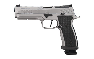 Sig Sauer P320 XFIVE SXG |  Semi-automatic |  Striker Fired |  Steel Frame Pistol |  Full Size |  9MM |  5" Barrel |  Cerakote Finish |  Silver |  SXG Grip Module |  G10 Grips |  Fiber Optic Front and Adjustable Rear Sights |  Optics Ready |  21 Rounds |