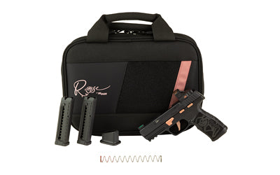 Sig Sauer P322 ROSE ROMEO RS |  Semi-automatic |  Single Action Only |  Polymer Frame Pistol |  Compact |  22 LR |  4" Threaded Barrel with 1/2x28 Adapter |  Matte Finish |  Black with Rose Gold Accents |  Polymer Grip |  Fiber Optic Sights |  ROMEO-RS RO