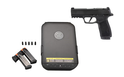 Sig Sauer P365 XMACRO |  Striker Fired |  Semi-automatic |  Polymer Frame Pistol |  Sub-Compact |  9MM |  3.7" Barrel |  Nitron Finish |  Black |  X-Series Grip |  Manual Safety |  XRAY3 Sights |  17 Rounds |  3 Magazines |  Includes Vaultek Lifepod Certi