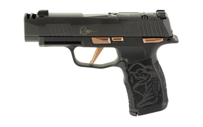 Sig Sauer P365-XL Rose |  Striker Fired |  Semi-automatic |  Polymer Frame Pistol |  Sub-Compact |  9mm |  3.1" Barrel with Integrally Compensated Slide |  Nitron Finish |  Black with Rose Gold Controls and Engraving |  SIGLITE Day/Night Sights |  10 Roun