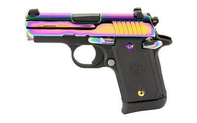 Sig Sauer P938 |  Semi-automatic |  Single Action Only |  Sub-Compact |  9MM |  3" Barrel |  Night Sights |  PVD Finish |  Rainbow Slide |  Black Frame |  1 Magazine |  7 Rounds