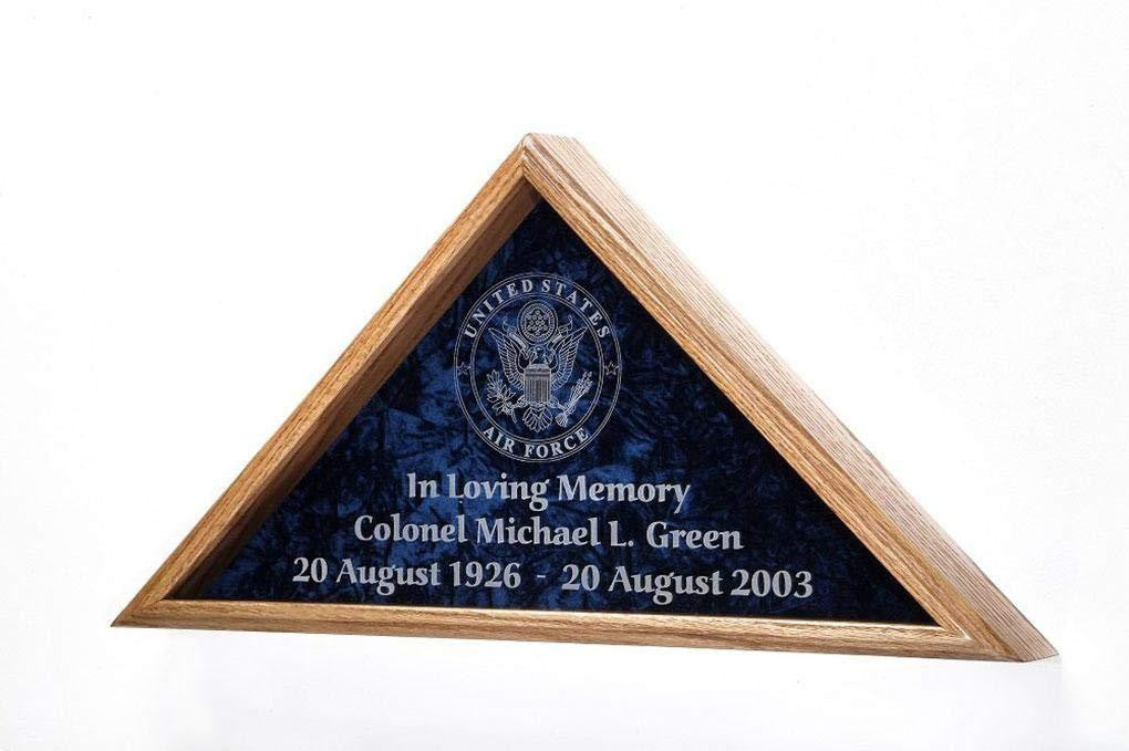 Flag Display Case w/Military Emblem - Includes 3 Lines of Text Personalization! - BLUE CRUSHED VELVET for 5'x9.5'