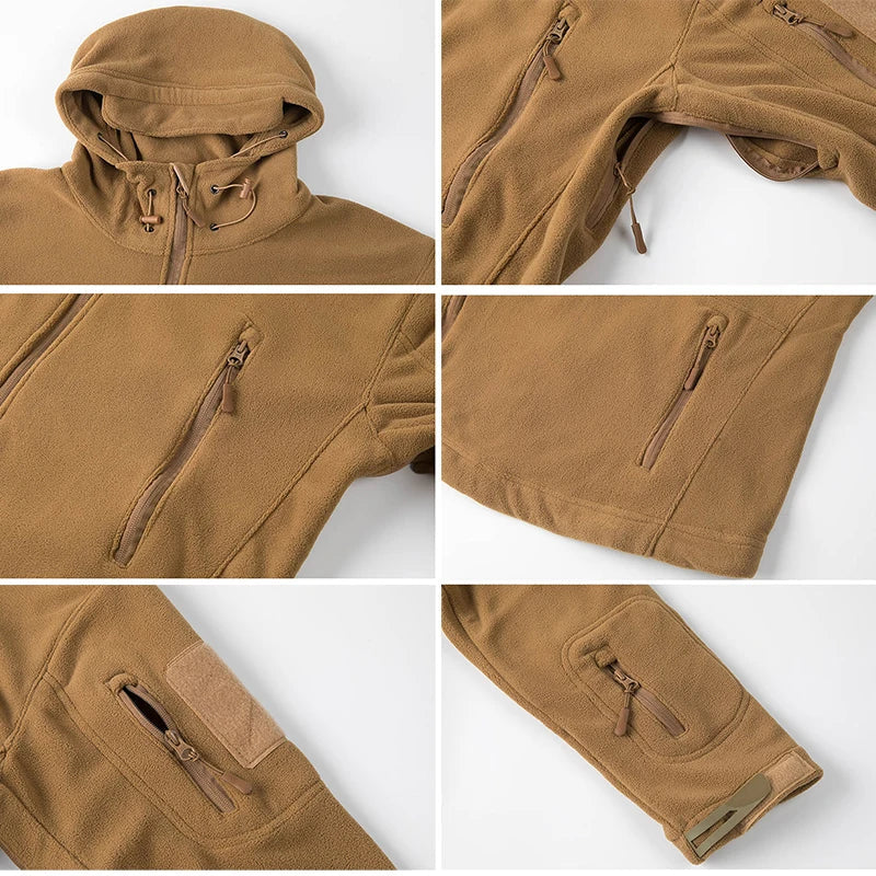 Winter Tactical Fleece Hoodie Jacket Men Warm Outdoor Sport Hooded Coat Multi-Pocket Casual Full Zip Hiking Jacket