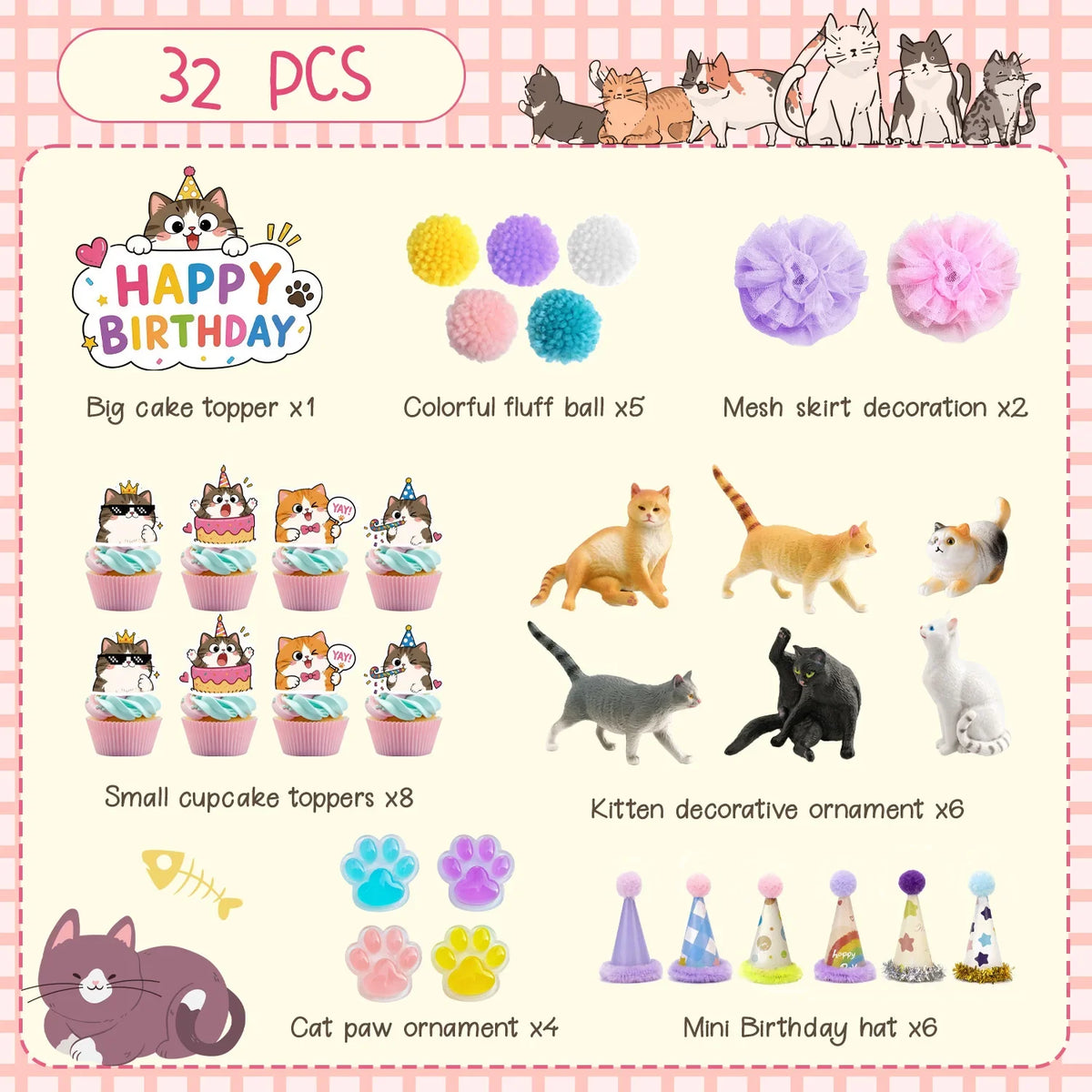32 Pcs Cat Cake Decorations Set - Cat Party Cupcake Toppers&Cat Cupcake Toppers&Kitten Model Ornament&Cat Paw Cake Decorations etc Cat Birthday Party Decorations