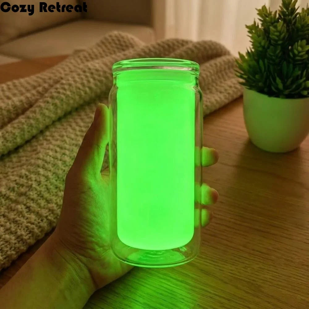 16oz Capacity Glow in the Dark Straw Cup Double Wall Leak-Proof Luminous Coffee Cup Fluorescent Splash Proof Water