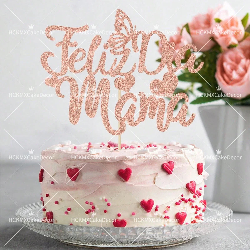 3pcs Feliz Cumpleanos Mama Cake Topper Pink Glitter Spanish Birthday Cake Decoration with Butterflies
