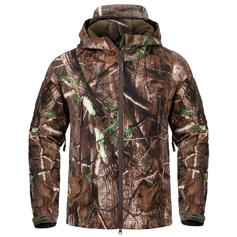 Men's Silent Camouflage Hunting Jacket Waterproof Fleece Tactical Jackets Soft Shell Outdoor Hiking Fishing Hooded Coat