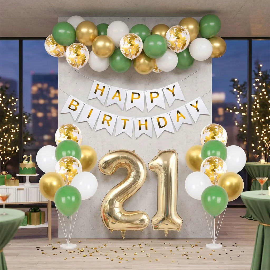 21/30/40/50/60/70th Birthday Green Gold Balloons Set Birthday Banner Party Background Decoration Adults 40inch Number Foil Ball