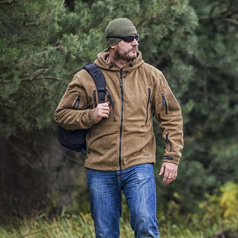 Winter Tactical Fleece Hoodie Jacket Men Warm Outdoor Sport Hooded Coat Multi-Pocket Casual Full Zip Hiking Jacket