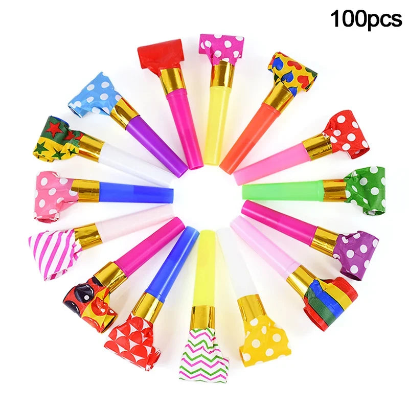 10/100pcs Colorful Blowout Whistle Blow Roll Toy Kids Birthday Party Favors Gifts Cheer Props Pinata Filler Baby Shower