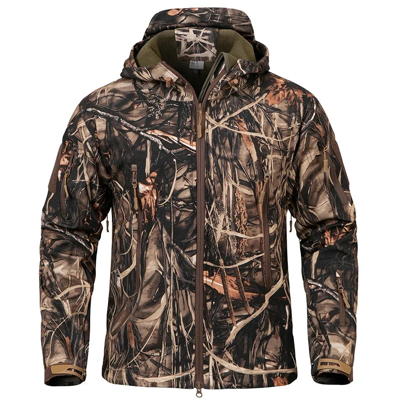 Silent Softshell Camouflage Hunting Jacket Men Waterproof Fleece Hooded Hunting Clothes Warm Outdoor Hiking Tactical Coat