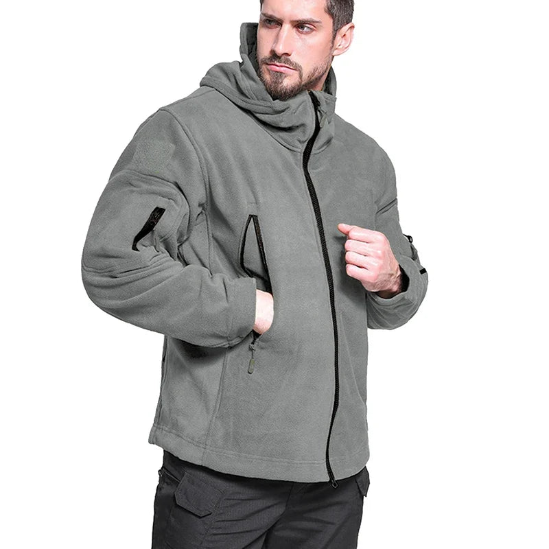 Men's Warm Tactical Fleece Jacket Zip Up Thicken Polar Hoodie Winter Outdoor Sport Hiking Hooded Coat Multi-Pocket
