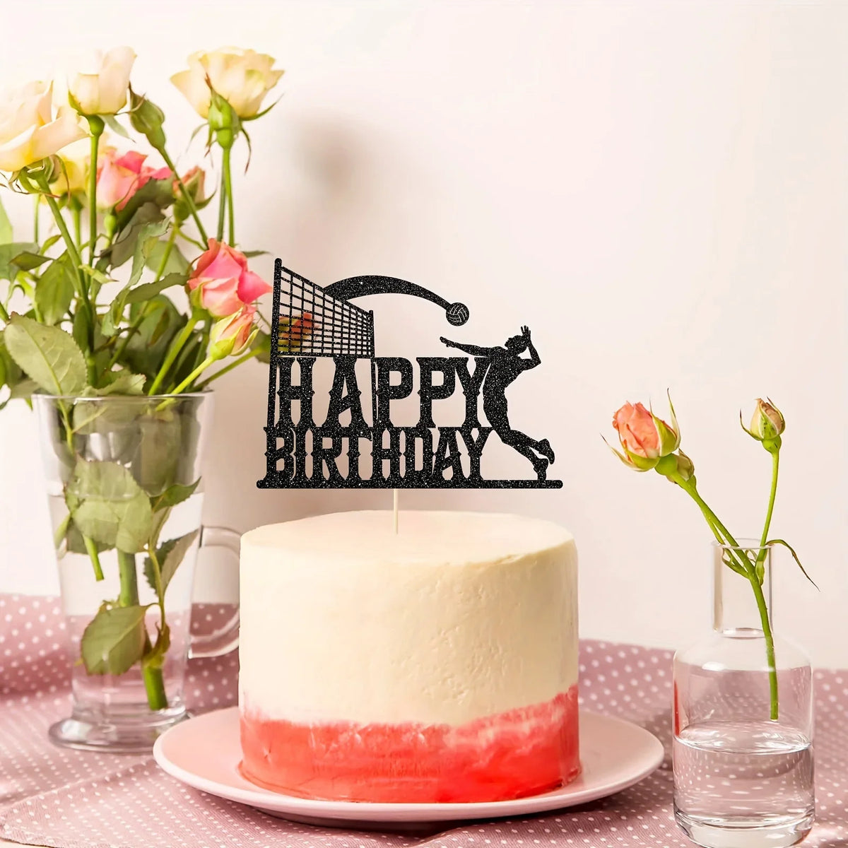 1pc Black Happy Birthday Cake Topper for Volleyball Party Theme, Cake Decoration, Photo Prop, Birthday Scene Setup