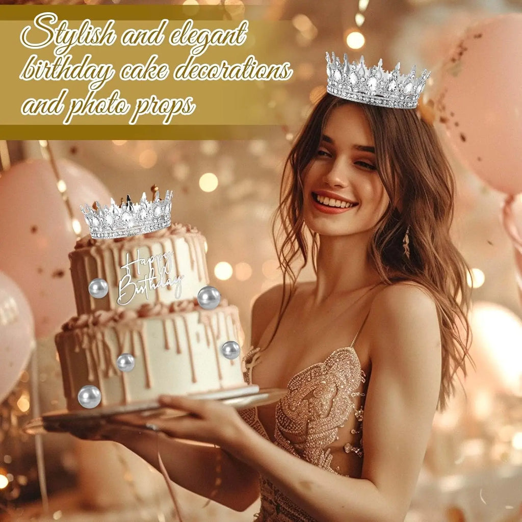 8 Pcs Silver Queen Crown Birthday Cake Topper for Women Rhinestone Crystal Tiara Wedding Happy Birthday Cake Decoration Foam