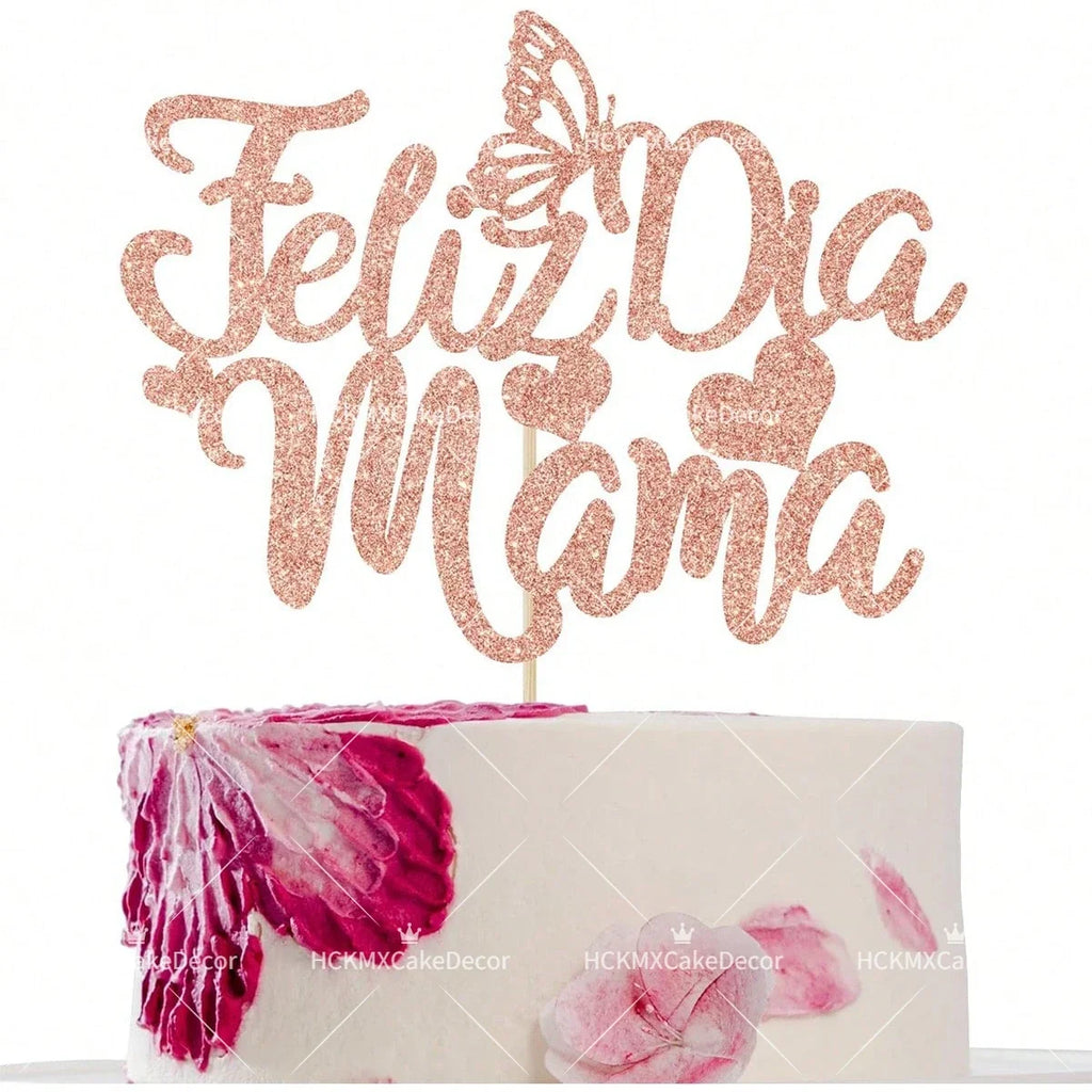 3pcs Feliz Cumpleanos Mama Cake Topper Pink Glitter Spanish Birthday Cake Decoration with Butterflies