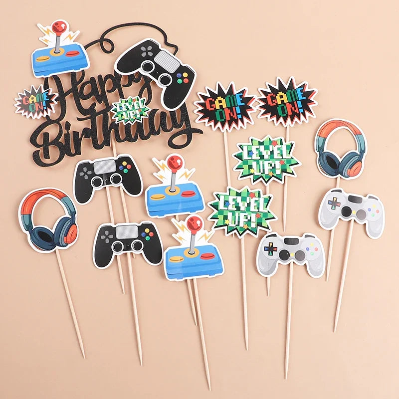 13Pcs/set Video Game Cake Toppers Game On Controllers Cupcake Picks Kids Boy Girl Happy Birthday Party Cake Decoration Supplies
