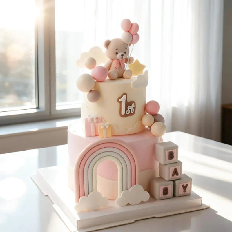Pink Bear Dolls Cake Topper Girl Birthday Party Cake Decor Kids Birthday Cake Bakings Baby Shower Gifts Wedding Cake Decoratings