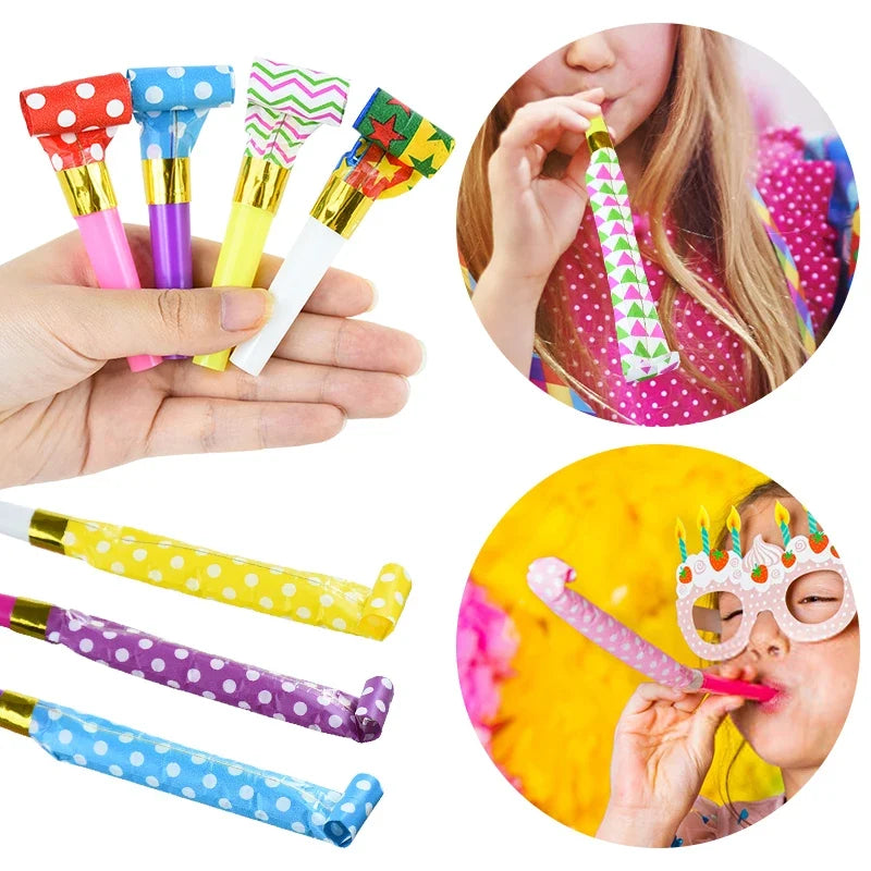 10/100pcs Colorful Blowout Whistle Blow Roll Toy Kids Birthday Party Favors Gifts Cheer Props Pinata Filler Baby Shower