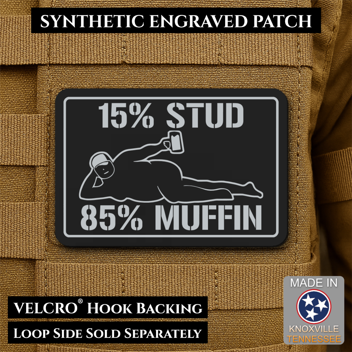 15% Stud 85% Muffin Funny Dad Bod Morale Patch, 2x3" | Made in USA | VELCRO® Brand Hook Backing