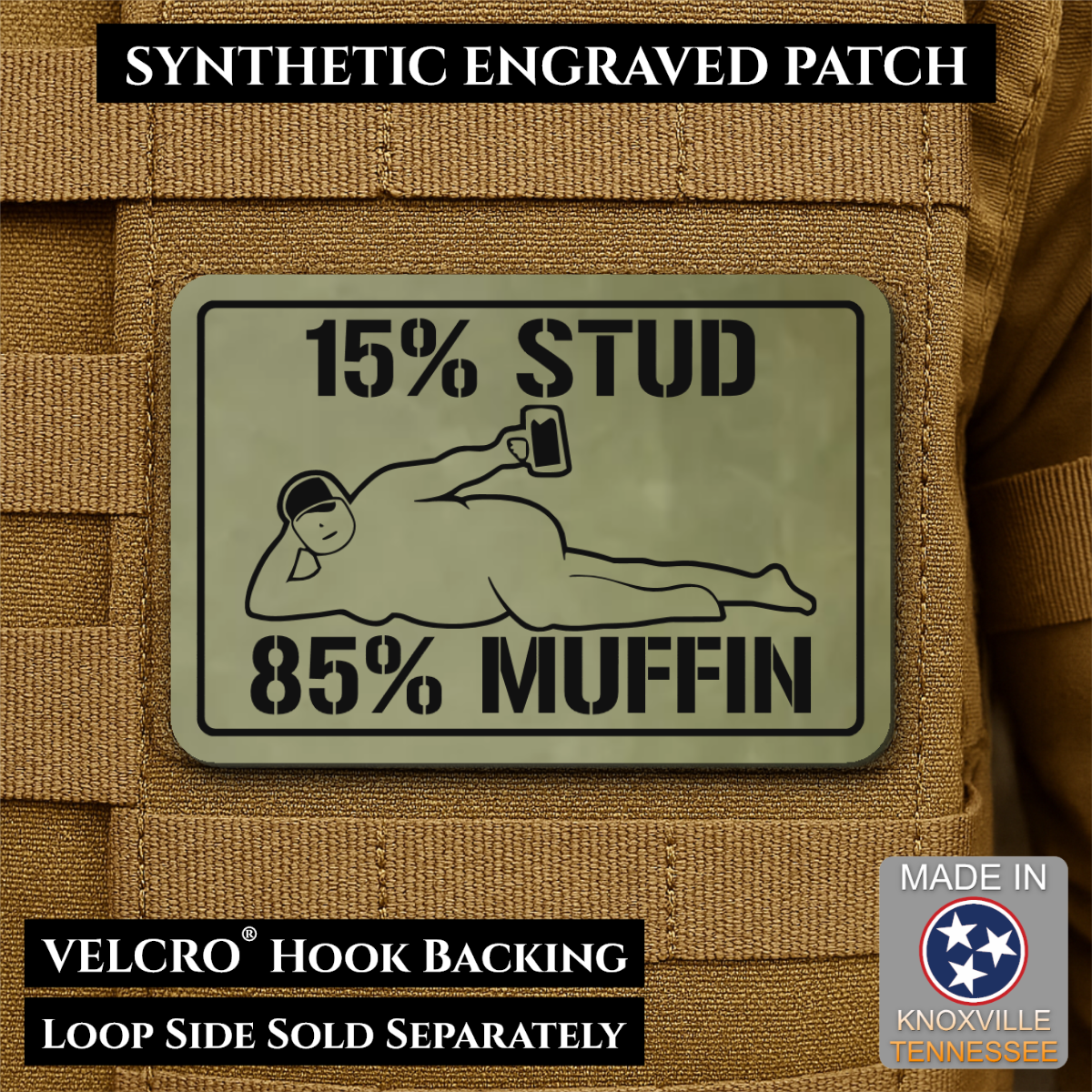 15% Stud 85% Muffin Funny Dad Bod Morale Patch, 2x3" | Made in USA | VELCRO® Brand Hook Backing