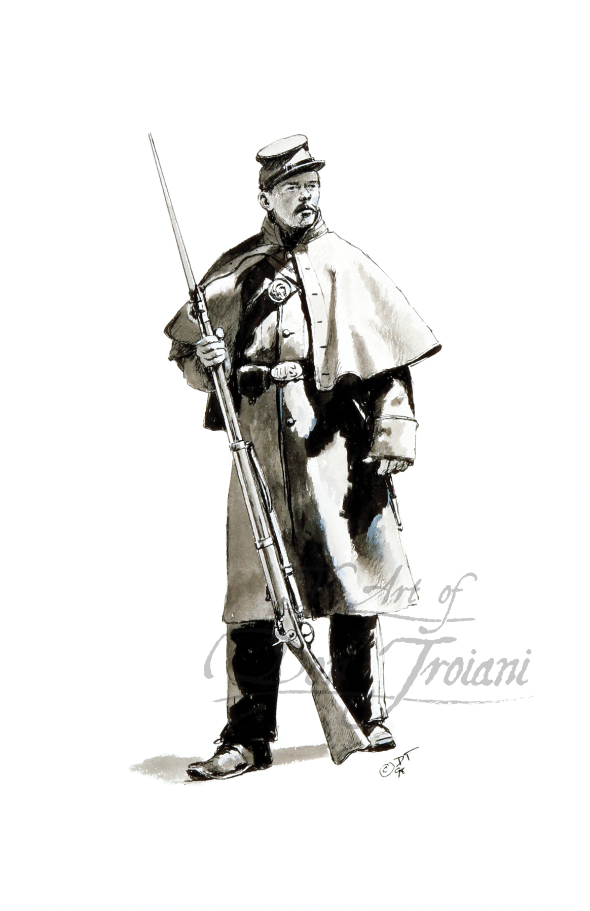 Union Soldier in Overcoat in Black and White
