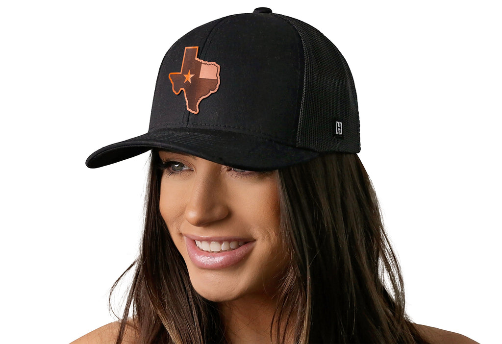 Texas Flag Trucker Hat Leather  |  Black Texas Flag Cut to Shape Snapback