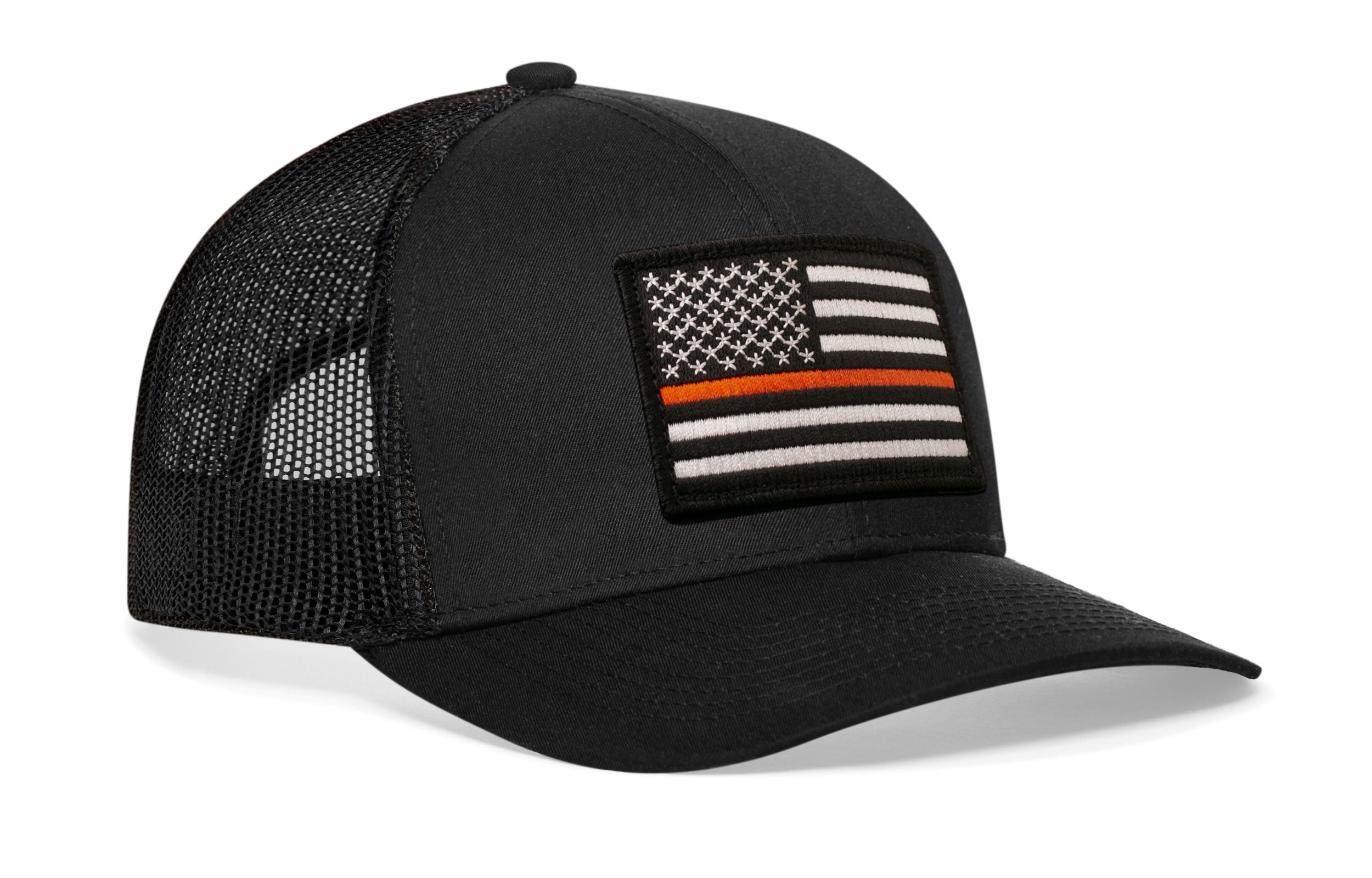 Thin Orange Line Trucker Hat  |  Black Rescue Snapback