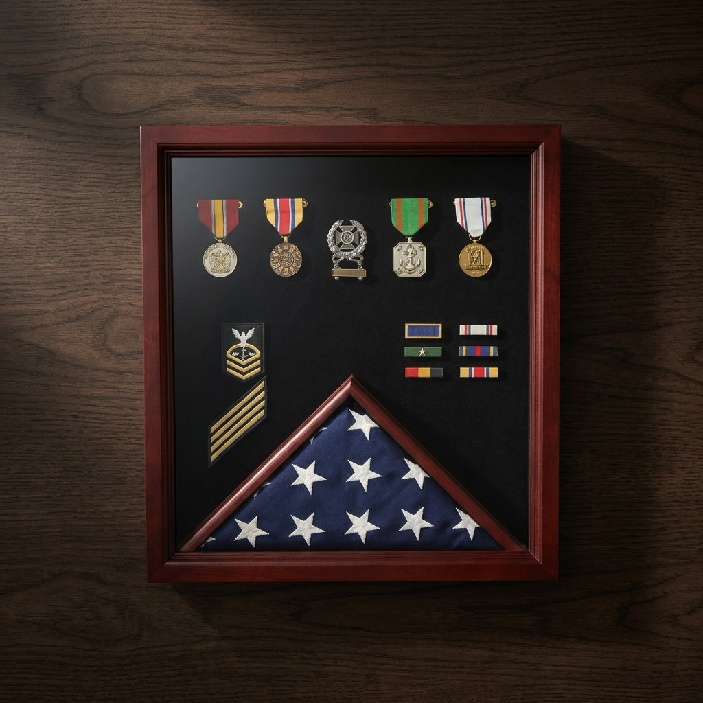Military Flag and Medal Display Case, folded 3' x 5' flag