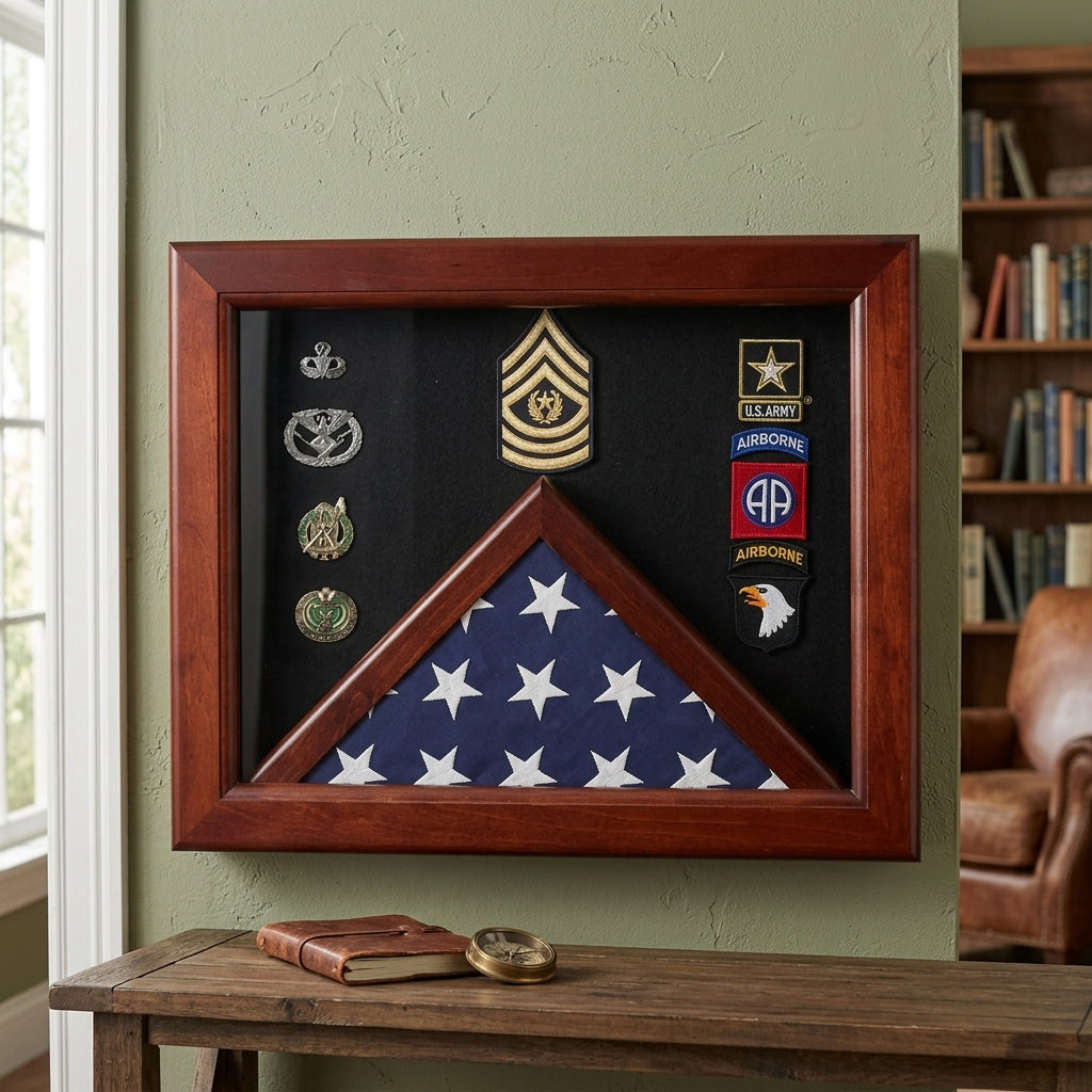 Military Flag medal display case, Mahogany wood for 3x5 flag available in blue or black.