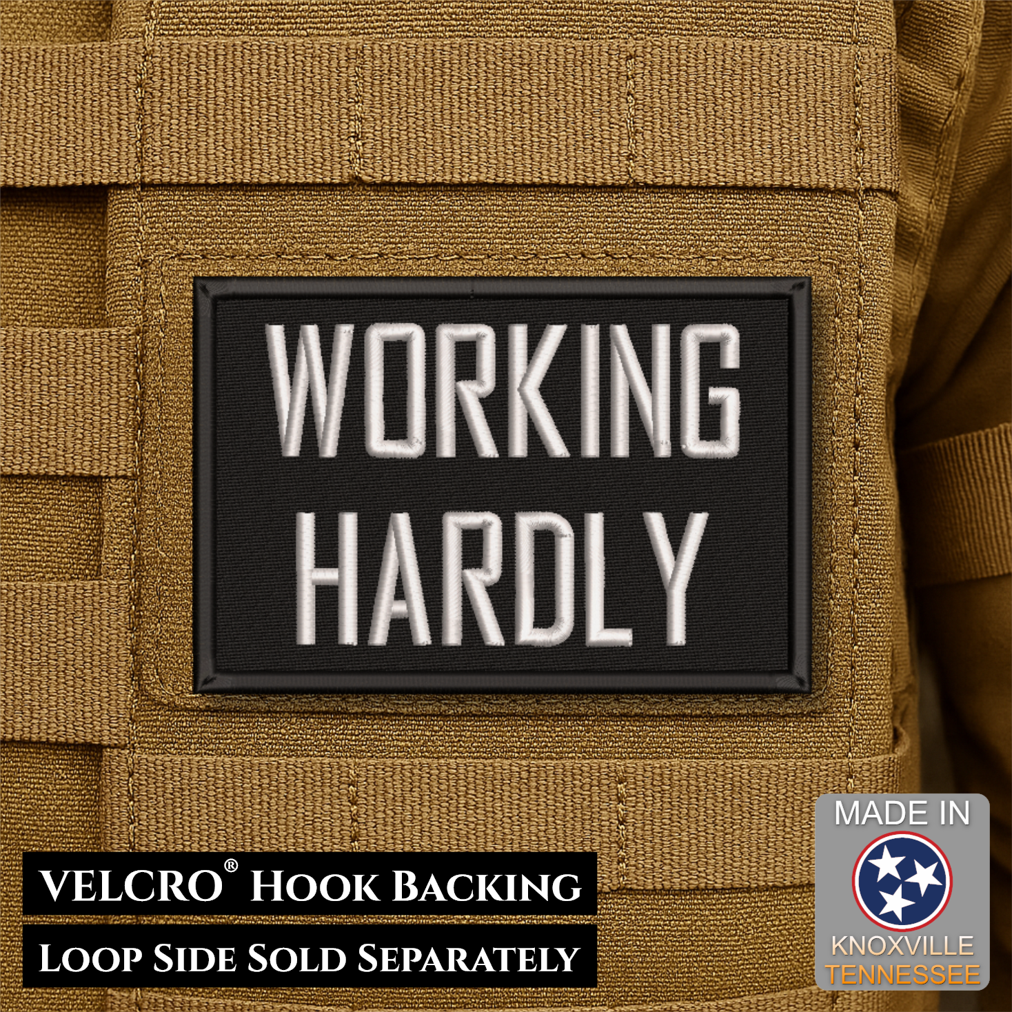 Working Hardly Funny Morale Patch, 2x3" | Made in USA | VELCRO® Brand Hook Backing