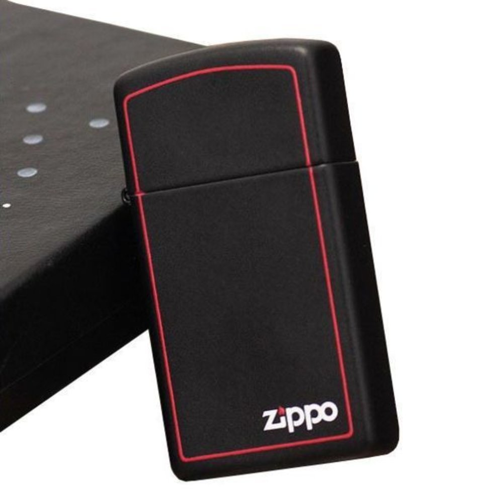 Zippo Red Border Lighter, Black Matte, w/ Zippo Logo, Slim, Windproof #1618ZB
