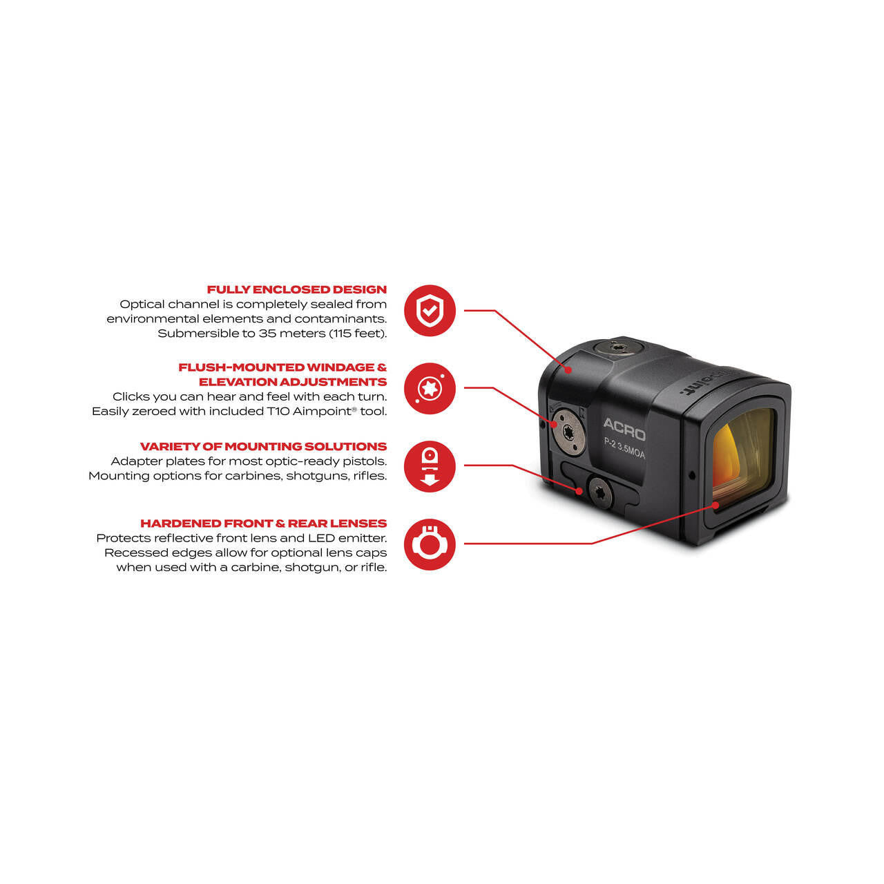Aimpoint Acro P2 - Red Dot Reflex Sight  w/ Fully Enclosed Body & 5 Year Battery Life