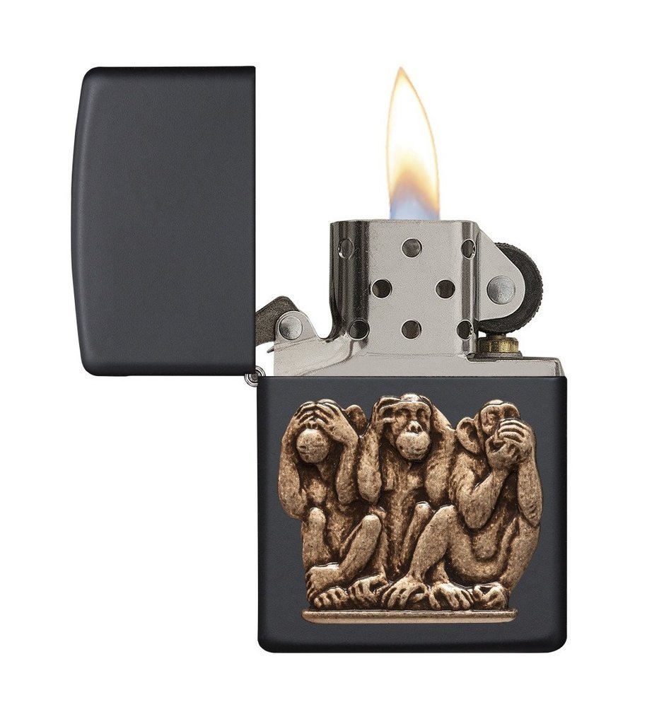 Zippo Three Monkeys Brass Emblem Lighter, Black Matte, See No Evil #29409