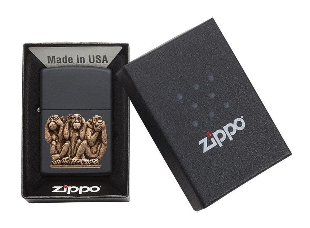 Zippo Three Monkeys Brass Emblem Lighter, Black Matte, See No Evil #29409