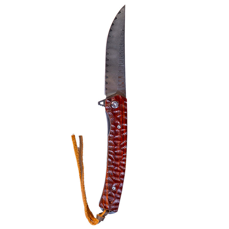 Damascus Flipper Knife Scraped Wood Handle Liner Lock 3.75" Blade 8.2" EDC
