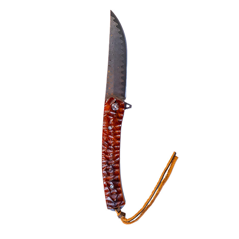 Damascus Flipper Knife Scraped Wood Handle Liner Lock 3.75" Blade 8.2" EDC