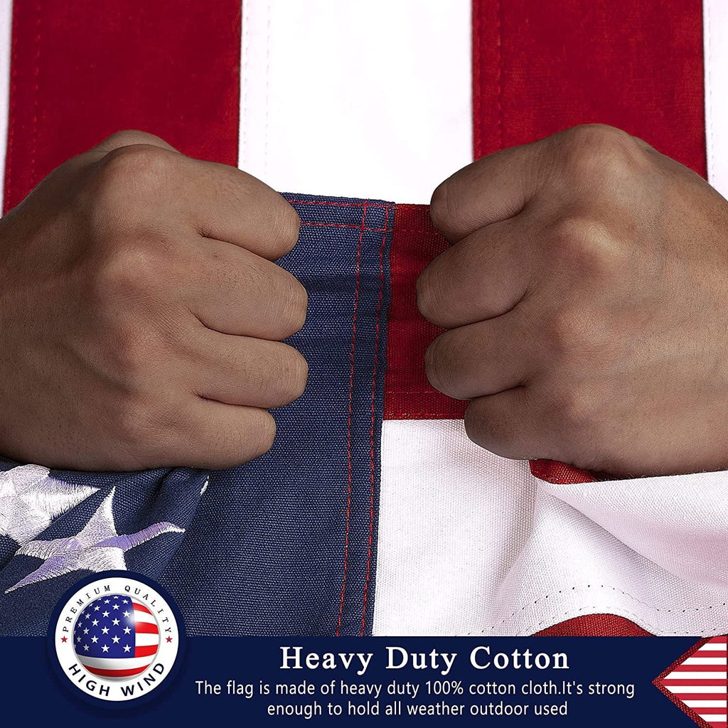 This 100% Cotton 3x5 ft American Flag, Heavy Duty Fabric, Longest Lasting, Embroidered Stars, Sewn Stripes, Brass Grommets, The Best Cotton US House Flags