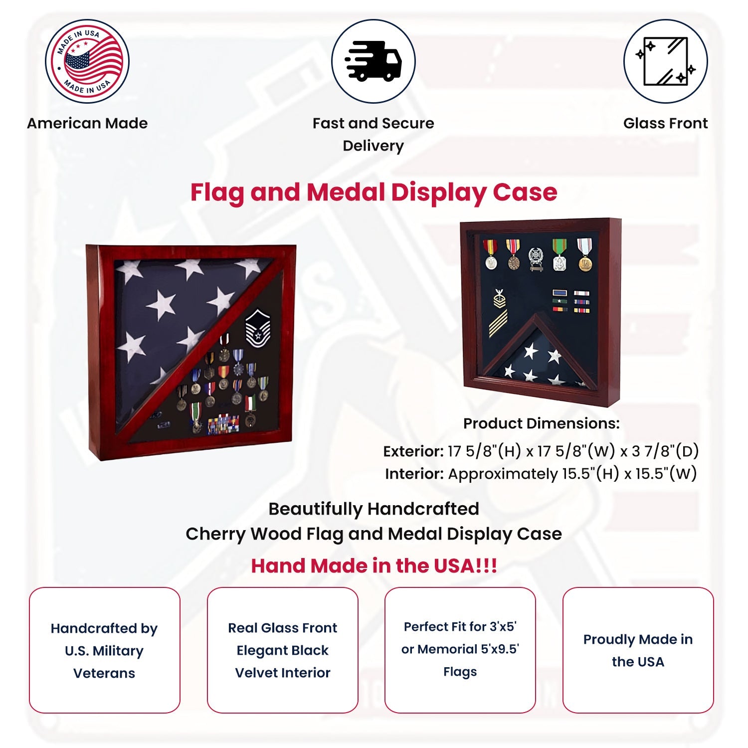Cherry Flag and Medal Display Case Premium Wood - 5'x9.5' flag