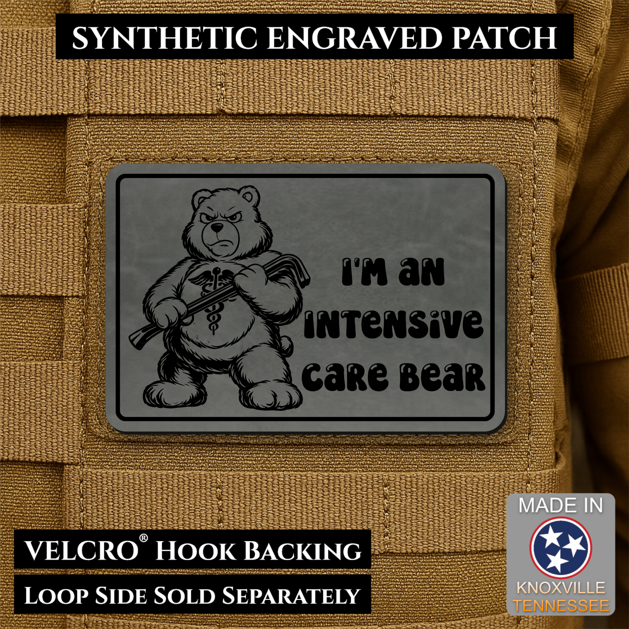 Intensive Care Bear Funny Nurse Medic Morale Patch, 2x3" | Made in USA | VELCRO® Brand Hook Backing